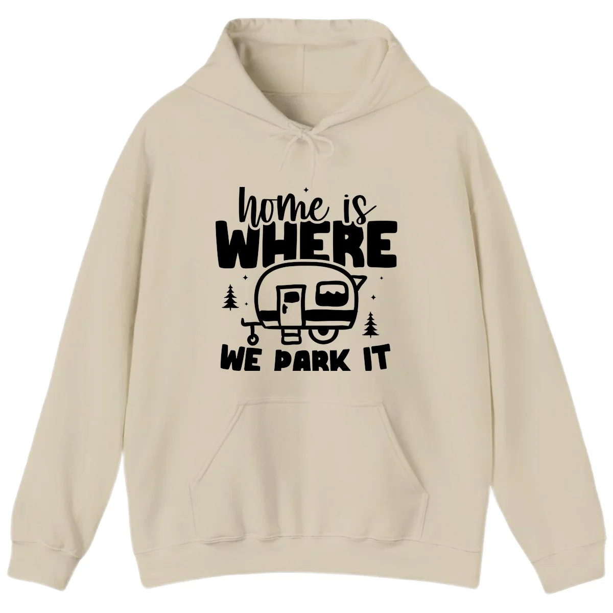 Retro-style design with 'home is where we park it' text and vintage travel trailer illustration surrounded by pine trees and sparkles in Sand