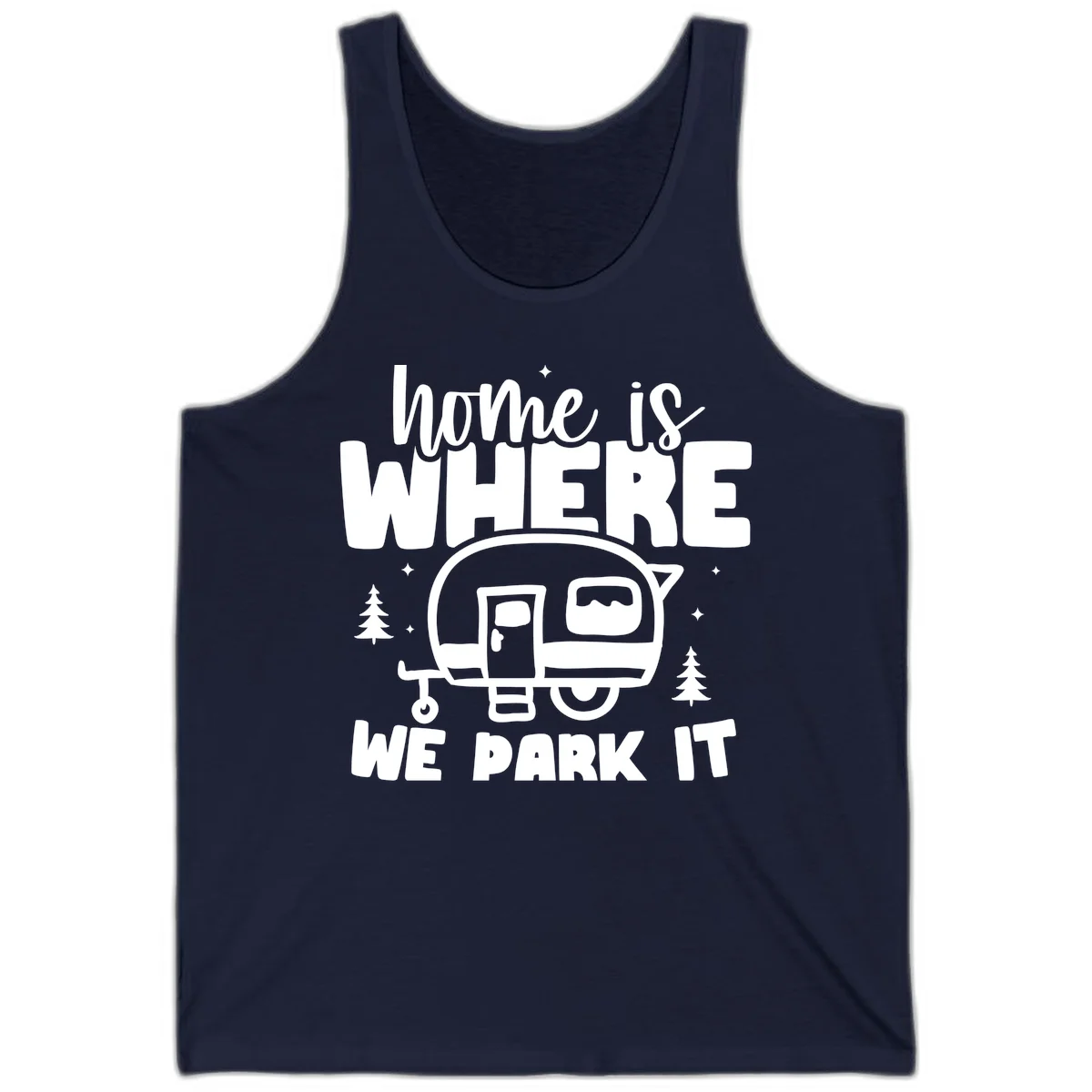 Retro-style design with 'home is where we park it' text and vintage travel trailer illustration surrounded by pine trees and sparkles in Navy