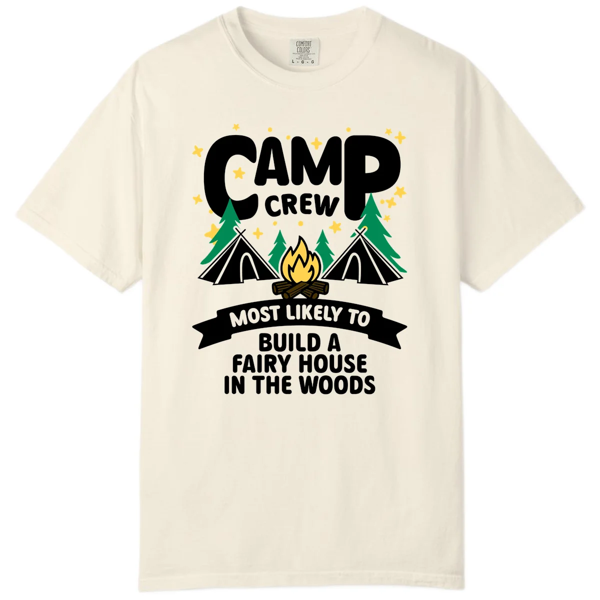 Camp crew fairy house design with tents, campfire, trees, and stars on gray background in Ivory