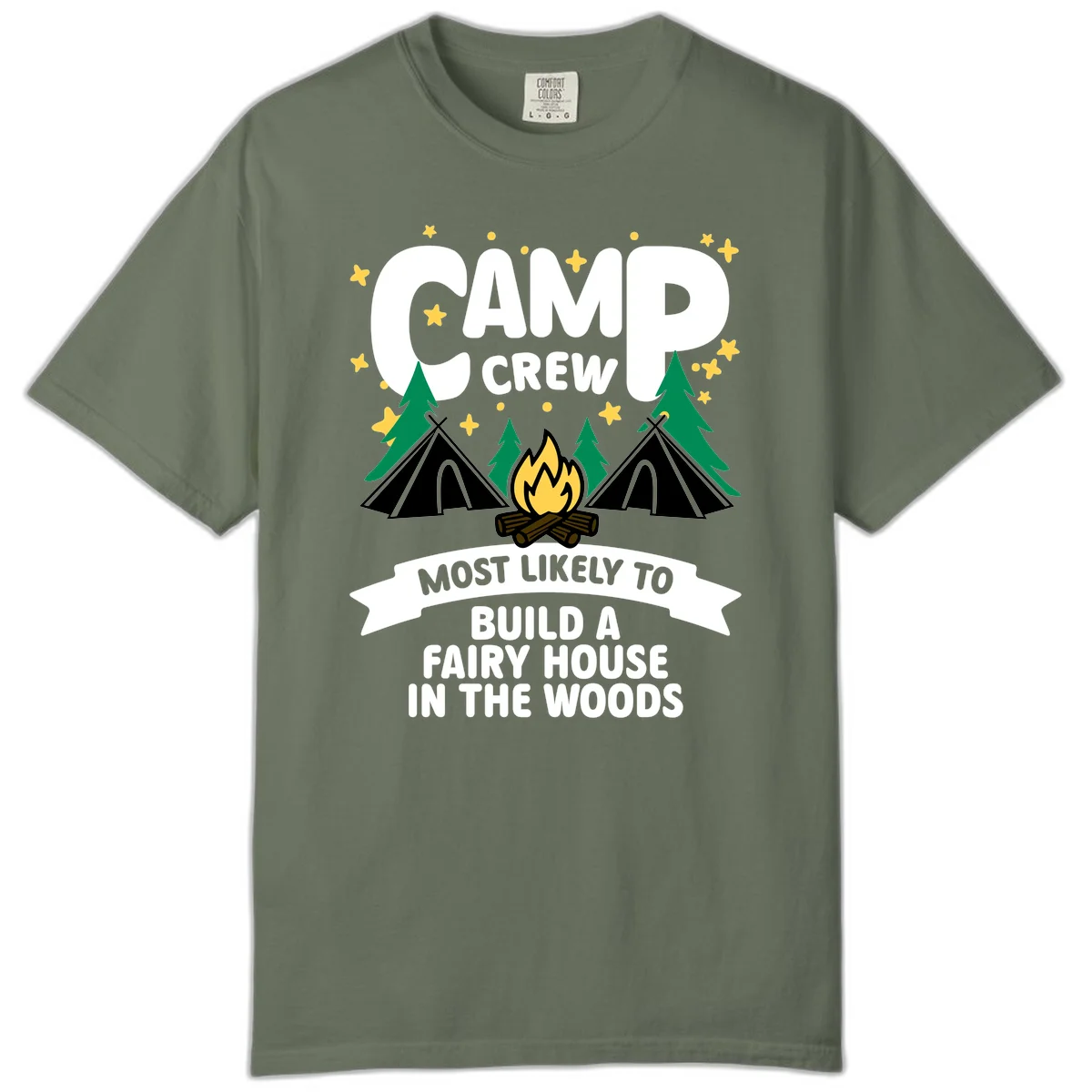 Camp crew fairy house design with tents, campfire, trees, and stars on gray background in Moss