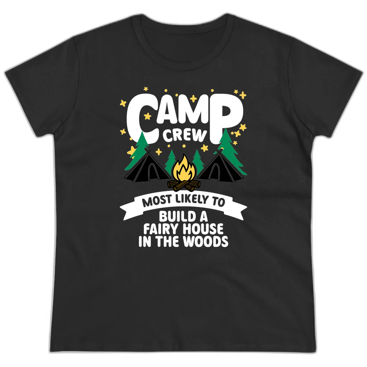Camp crew fairy house design with tents, campfire, trees, and stars on gray background in Black