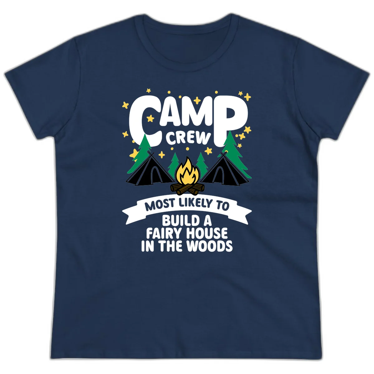 Camp crew fairy house design with tents, campfire, trees, and stars on gray background in Navy