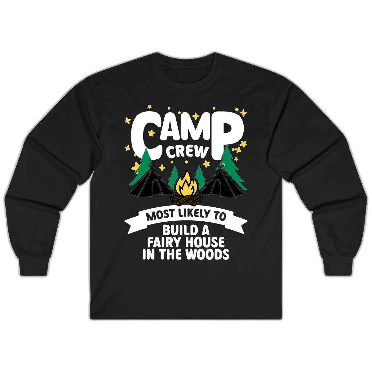 Camp crew fairy house design with tents, campfire, trees, and stars on gray background in Black