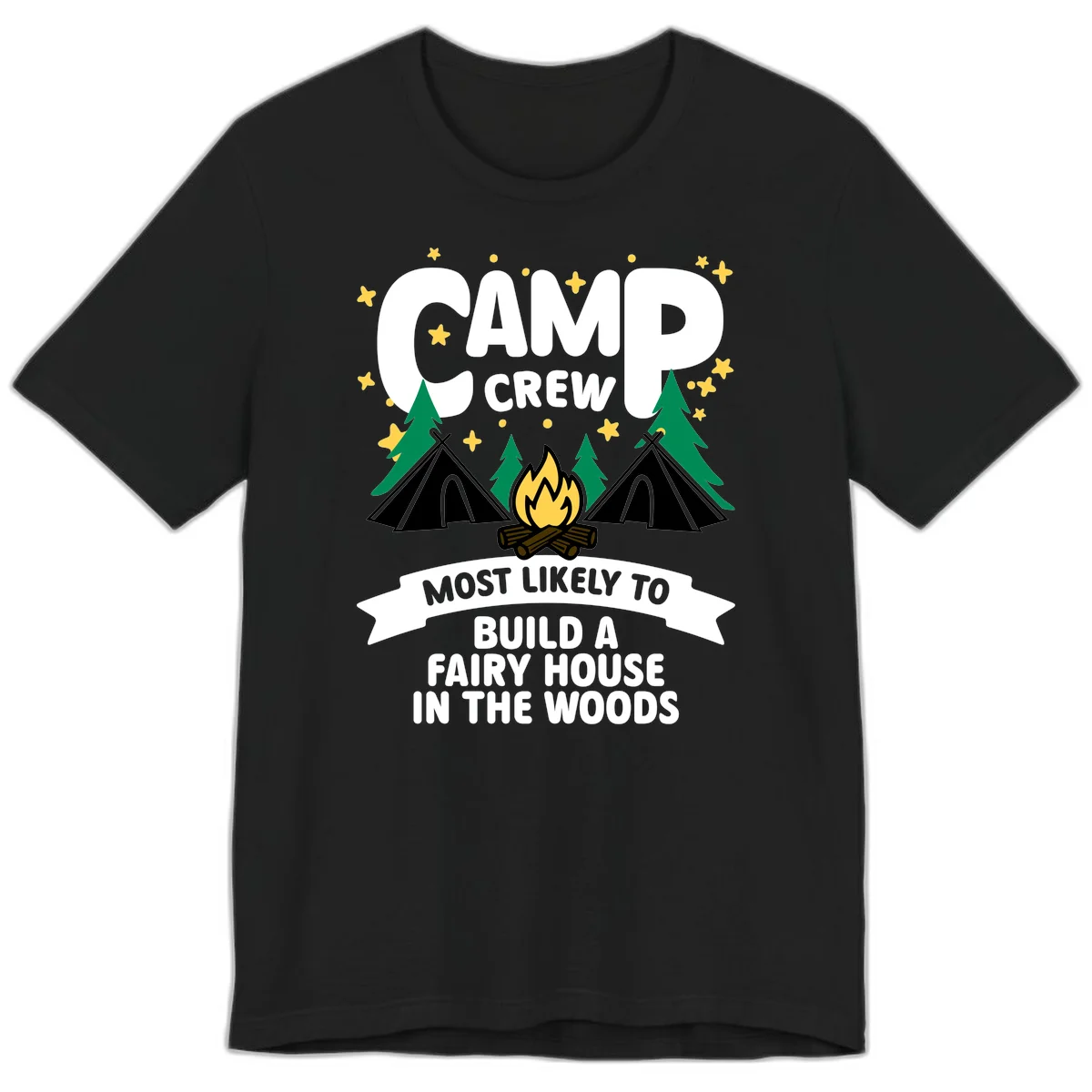 Camp crew fairy house design with tents, campfire, trees, and stars on gray background in Black