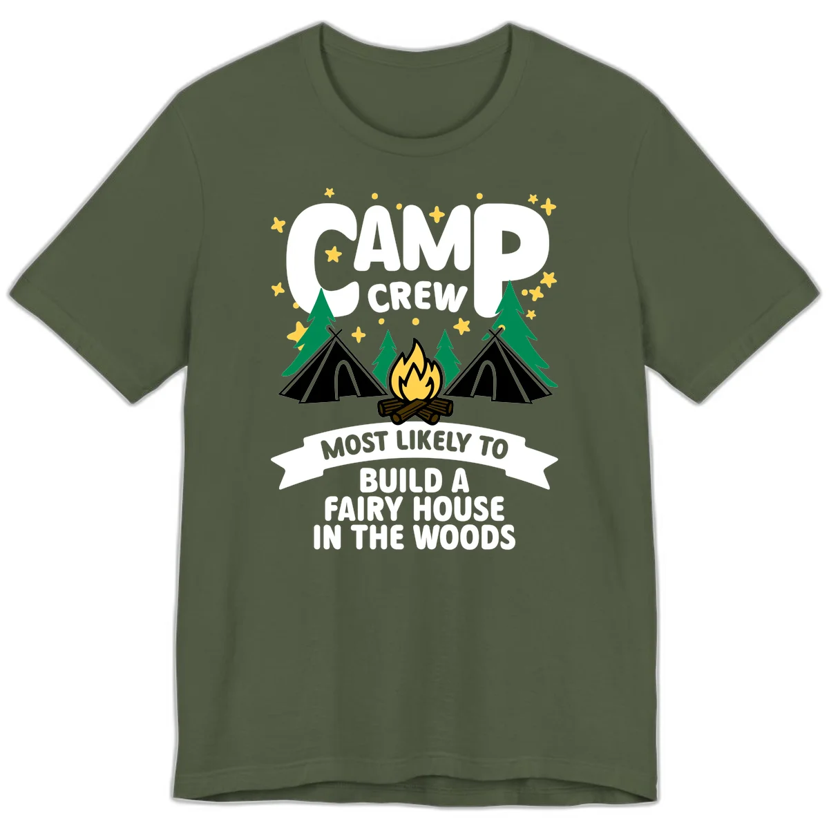 Camp crew fairy house design with tents, campfire, trees, and stars on gray background in Military Green