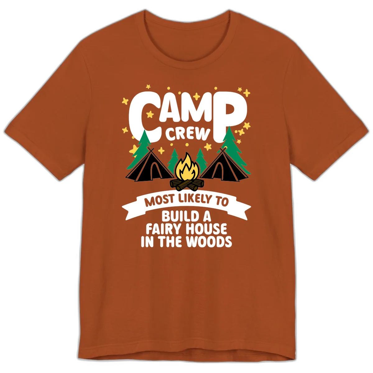 Camp crew fairy house design with tents, campfire, trees, and stars on gray background in Autumn