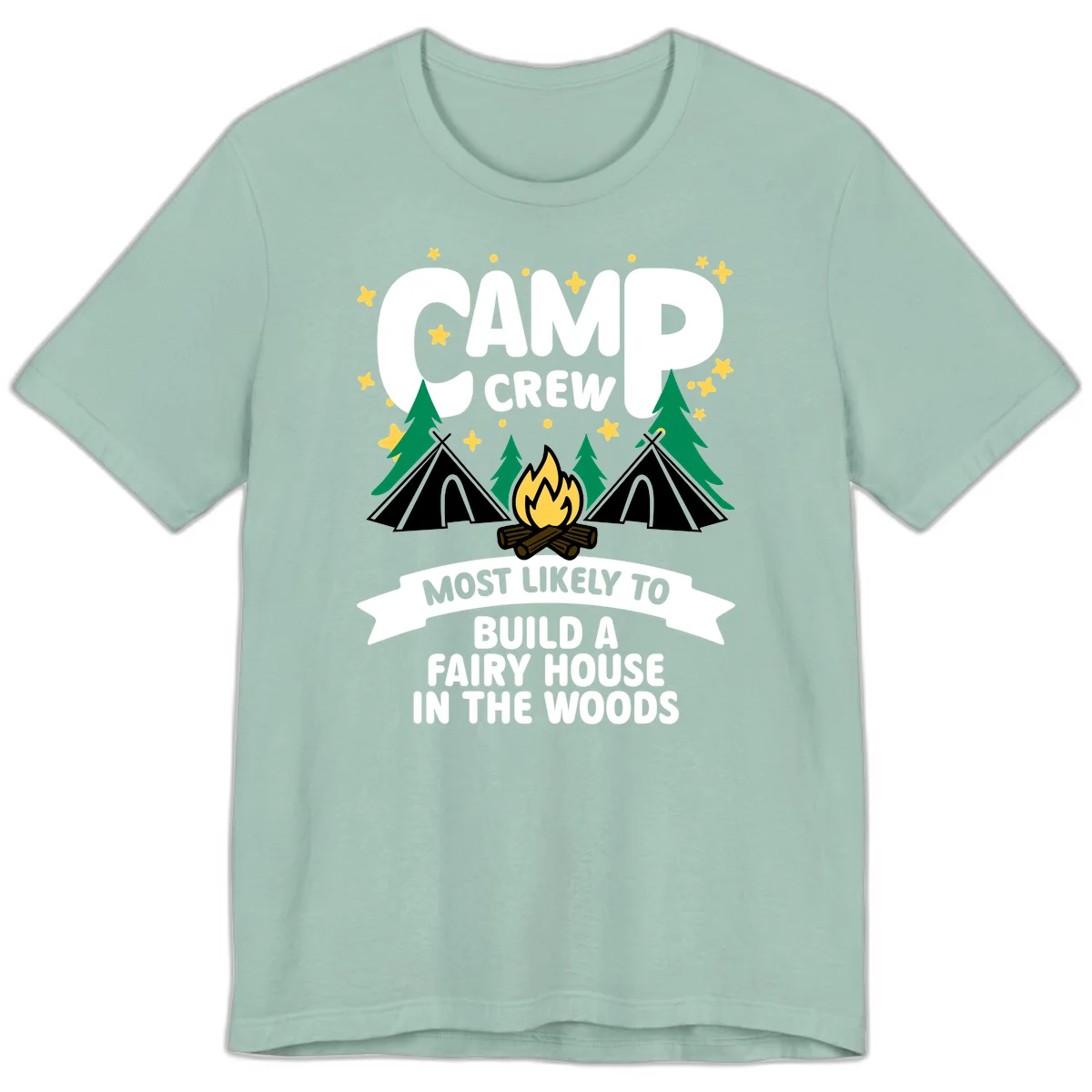 Camp crew fairy house design with tents, campfire, trees, and stars on gray background in Dusty Blue