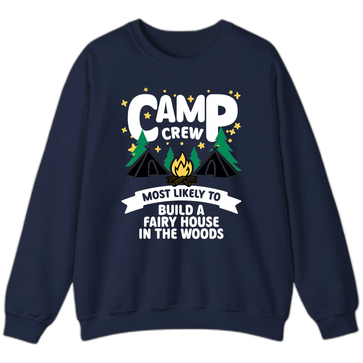 Camp crew fairy house design with tents, campfire, trees, and stars on gray background in Navy