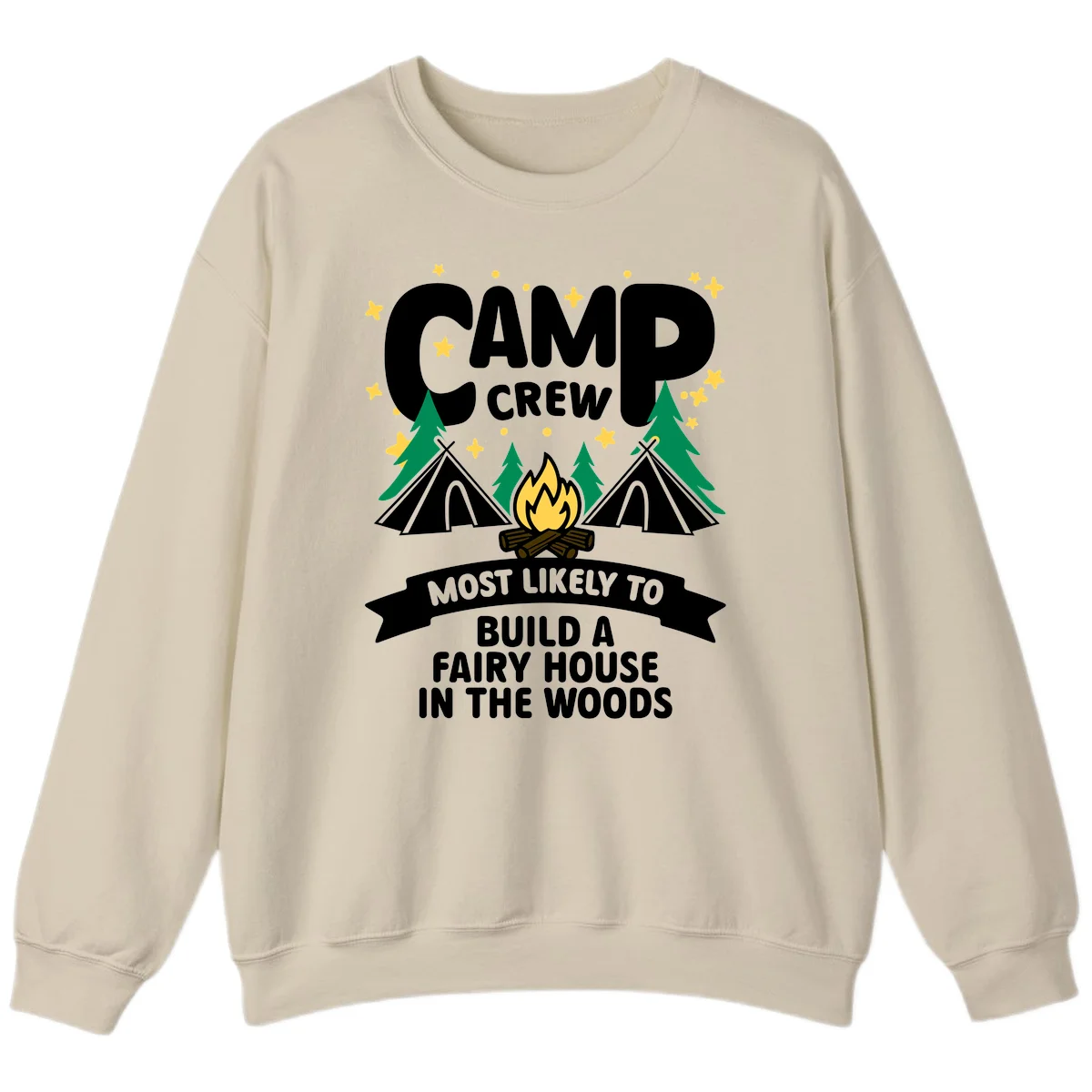 Camp crew fairy house design with tents, campfire, trees, and stars on gray background in Sand