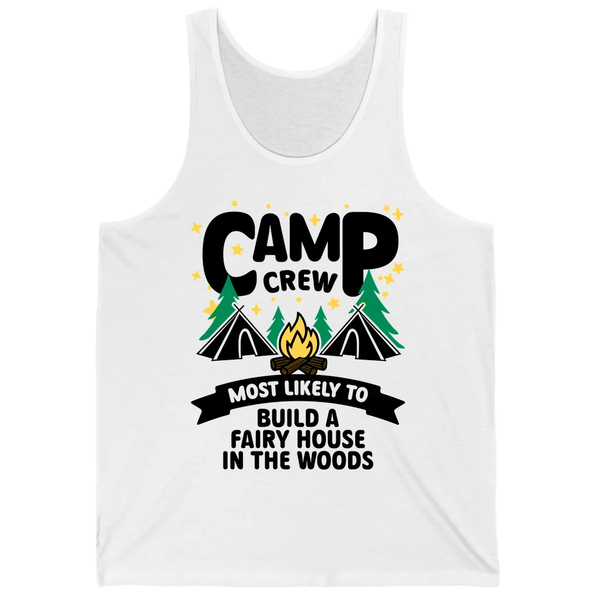 Camp crew fairy house design with tents, campfire, trees, and stars on gray background in White