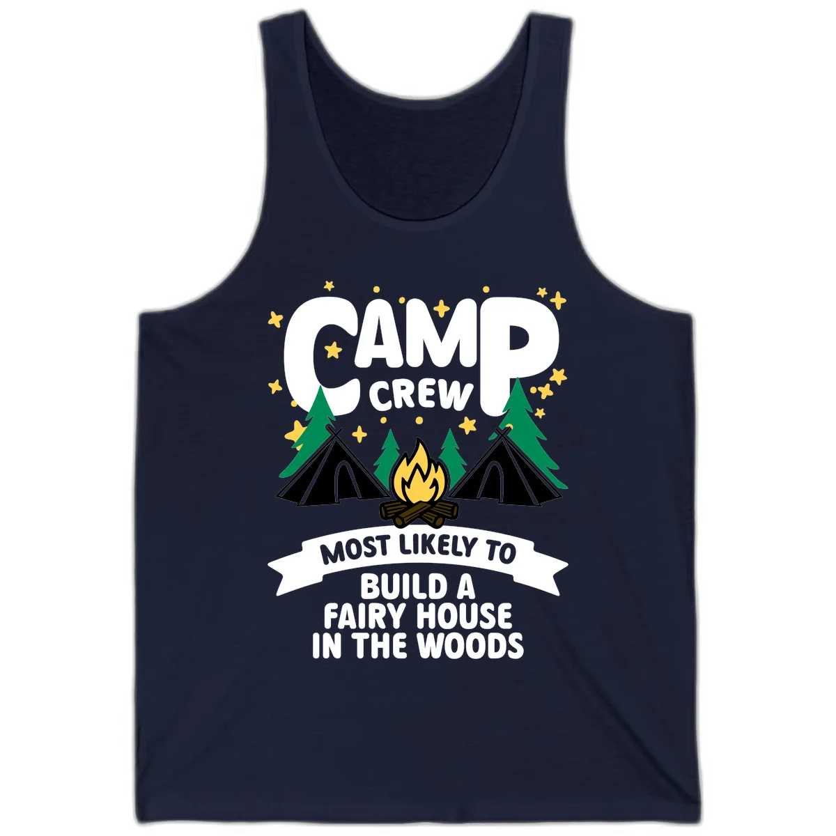 Camp crew fairy house design with tents, campfire, trees, and stars on gray background in Navy