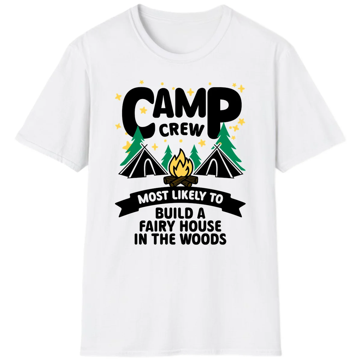 Camp crew fairy house design with tents, campfire, trees, and stars on gray background in White