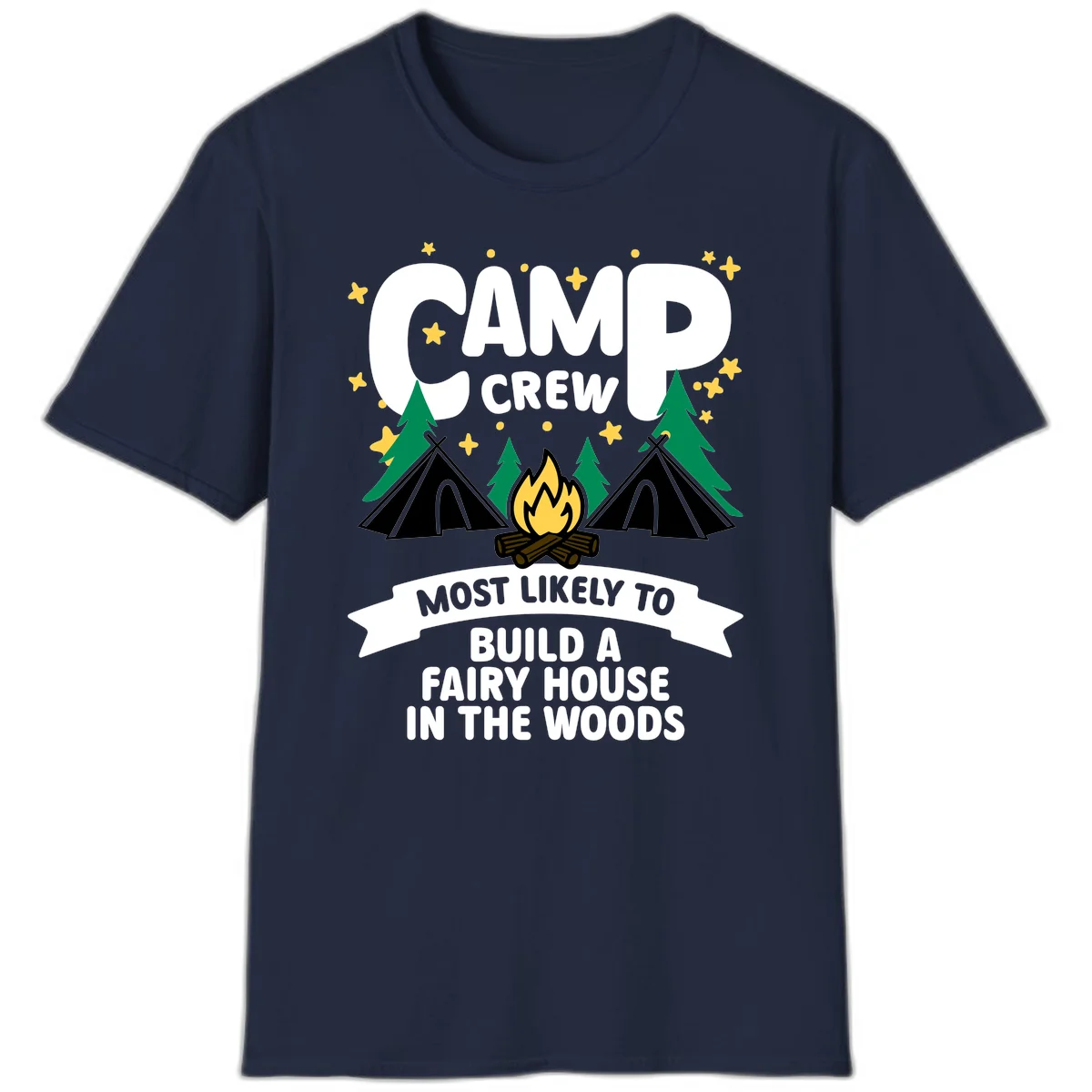 Camp crew fairy house design with tents, campfire, trees, and stars on gray background in Navy