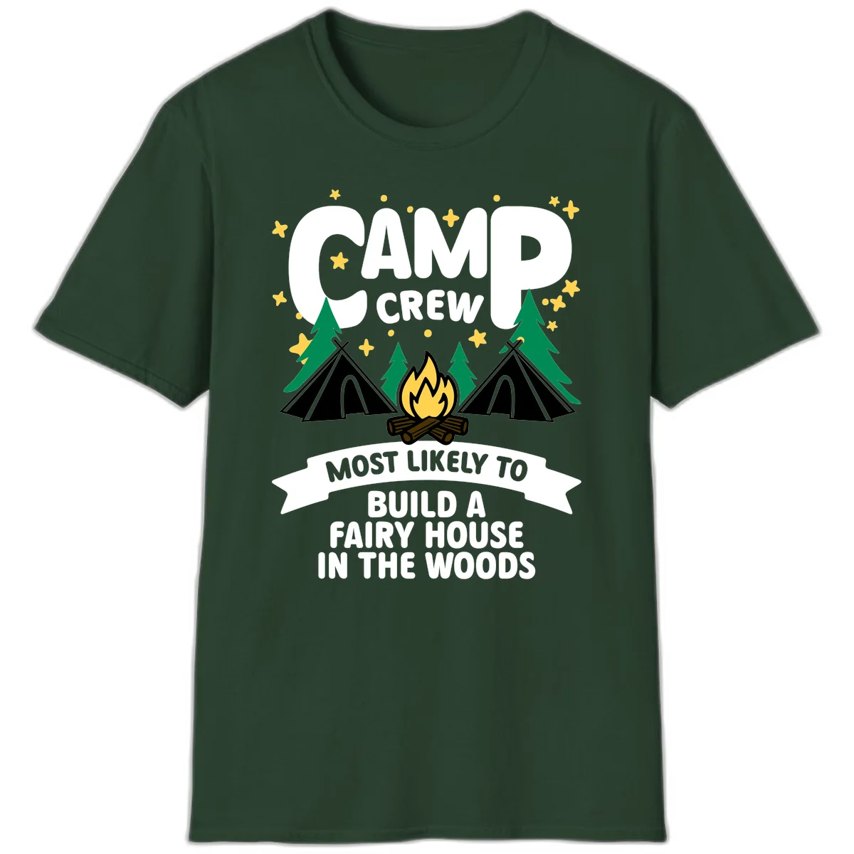 Camp crew fairy house design with tents, campfire, trees, and stars on gray background in Forest Green