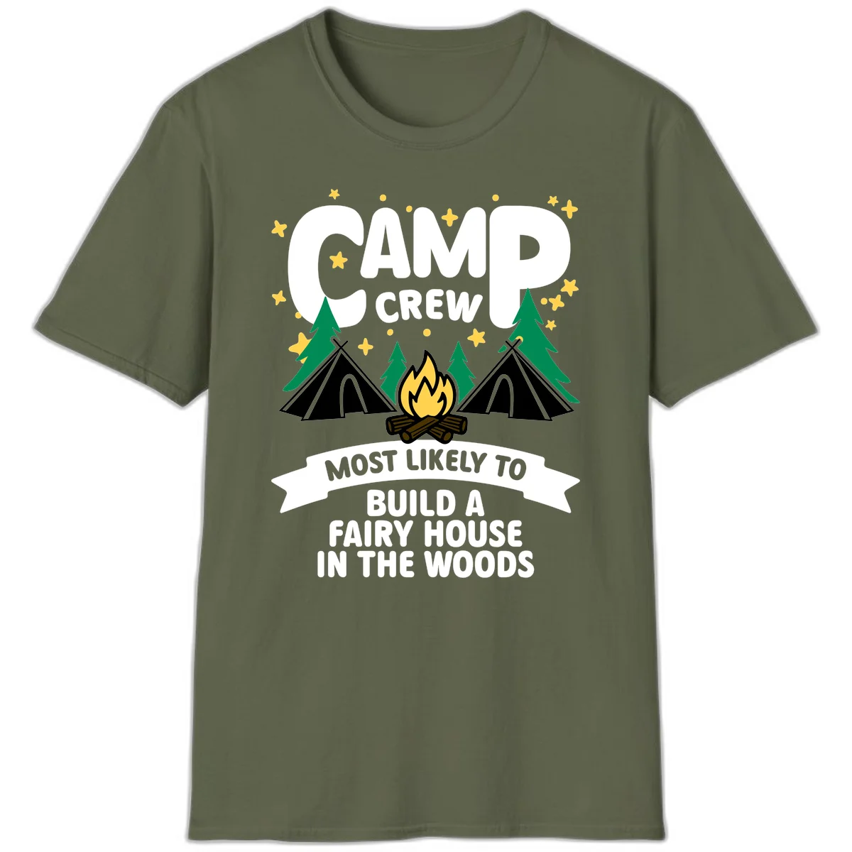 Camp crew fairy house design with tents, campfire, trees, and stars on gray background in Military Green