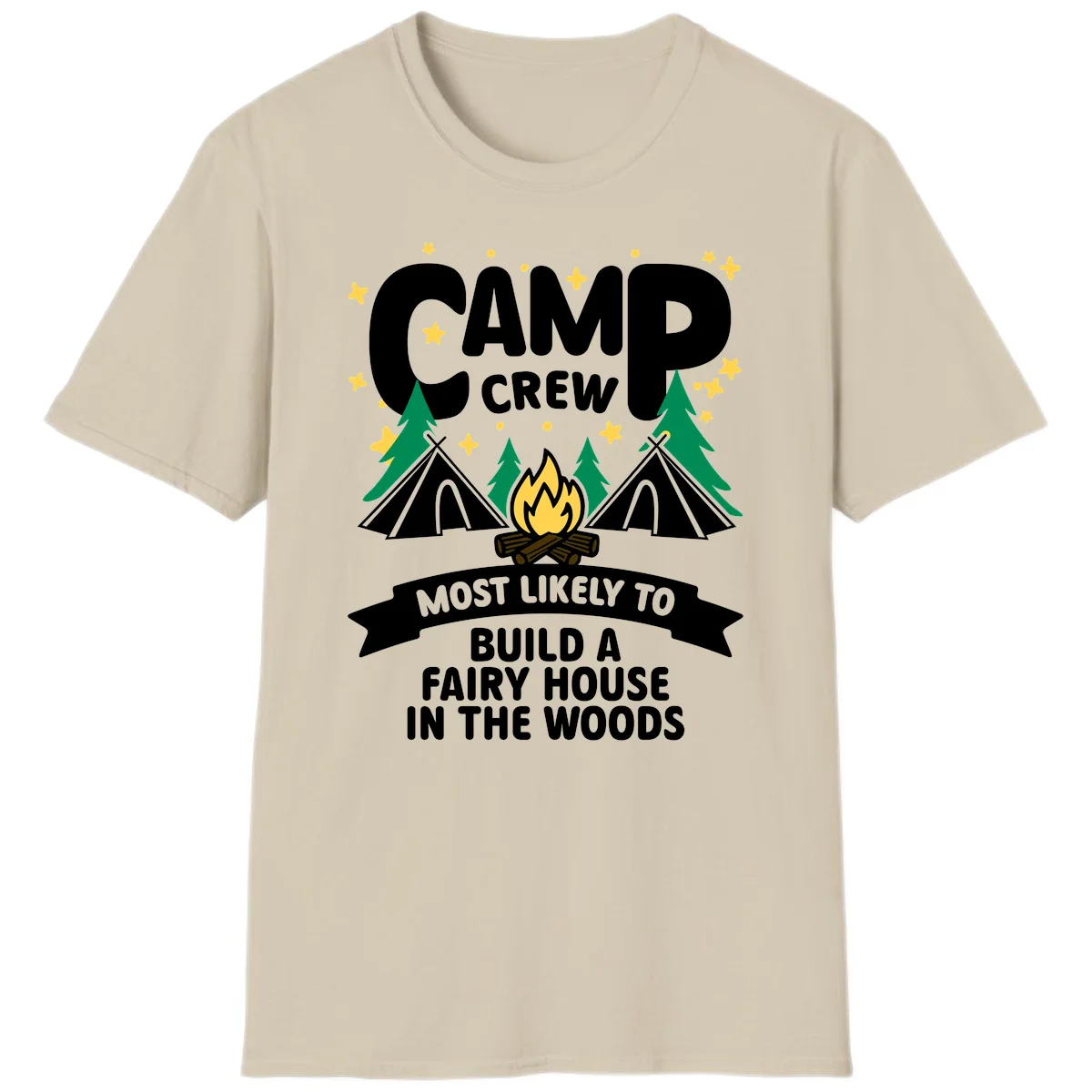 Camp crew fairy house design with tents, campfire, trees, and stars on gray background in Sand