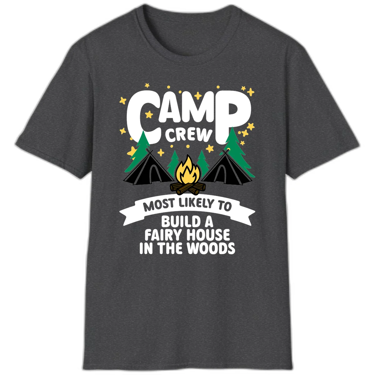 Camp crew fairy house design with tents, campfire, trees, and stars on gray background in Dark Heather