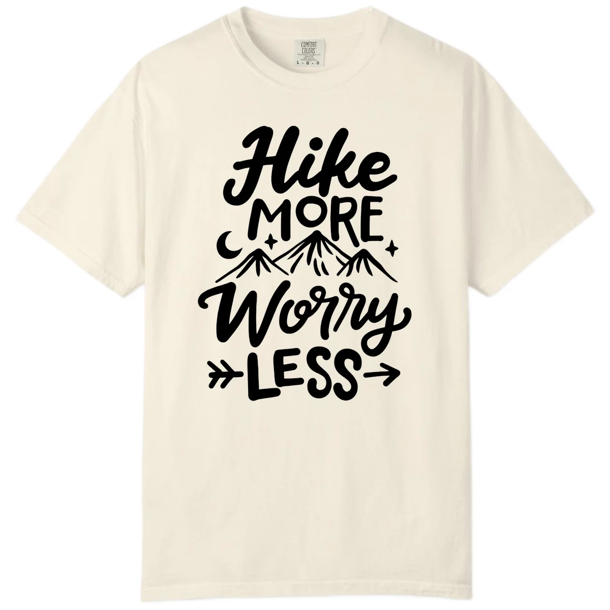 White lettered design reading 'Hike More Worry Less' with mountain peaks, moon, and stars on gray background in Ivory