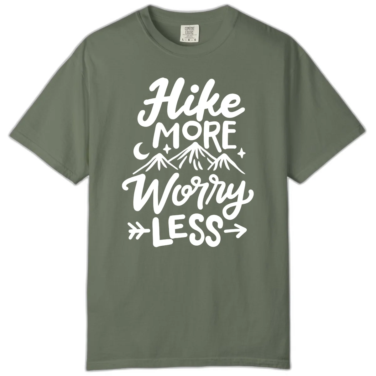 White lettered design reading 'Hike More Worry Less' with mountain peaks, moon, and stars on gray background in Moss