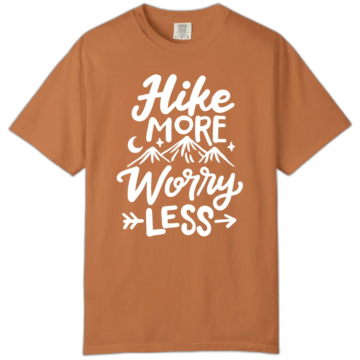 White lettered design reading 'Hike More Worry Less' with mountain peaks, moon, and stars on gray background in Yam