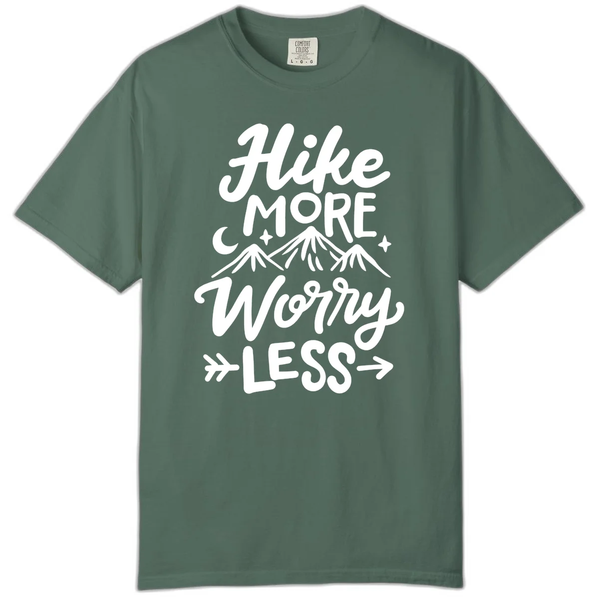 White lettered design reading 'Hike More Worry Less' with mountain peaks, moon, and stars on gray background in Blue Spruce