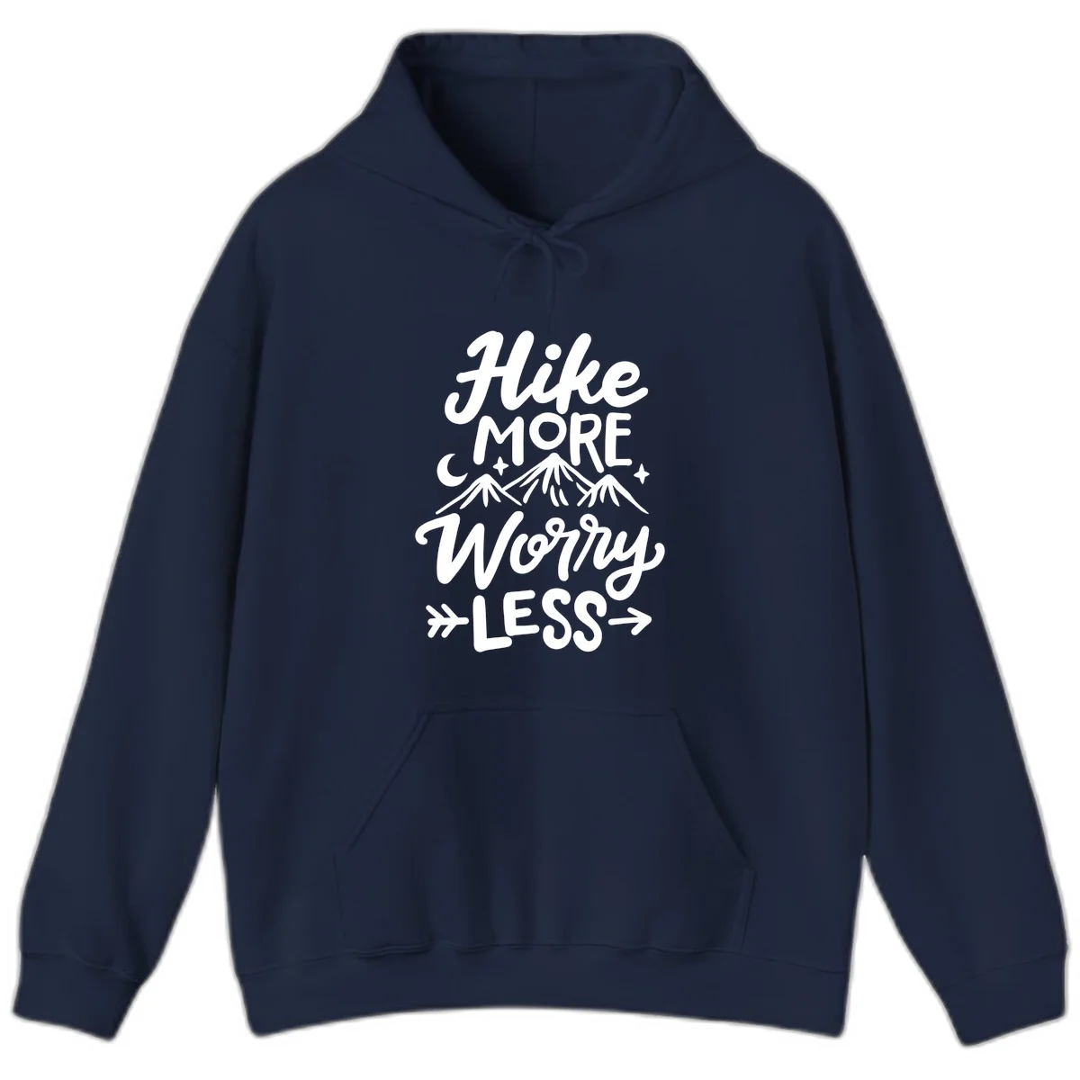 White lettered design reading 'Hike More Worry Less' with mountain peaks, moon, and stars on gray background in Navy