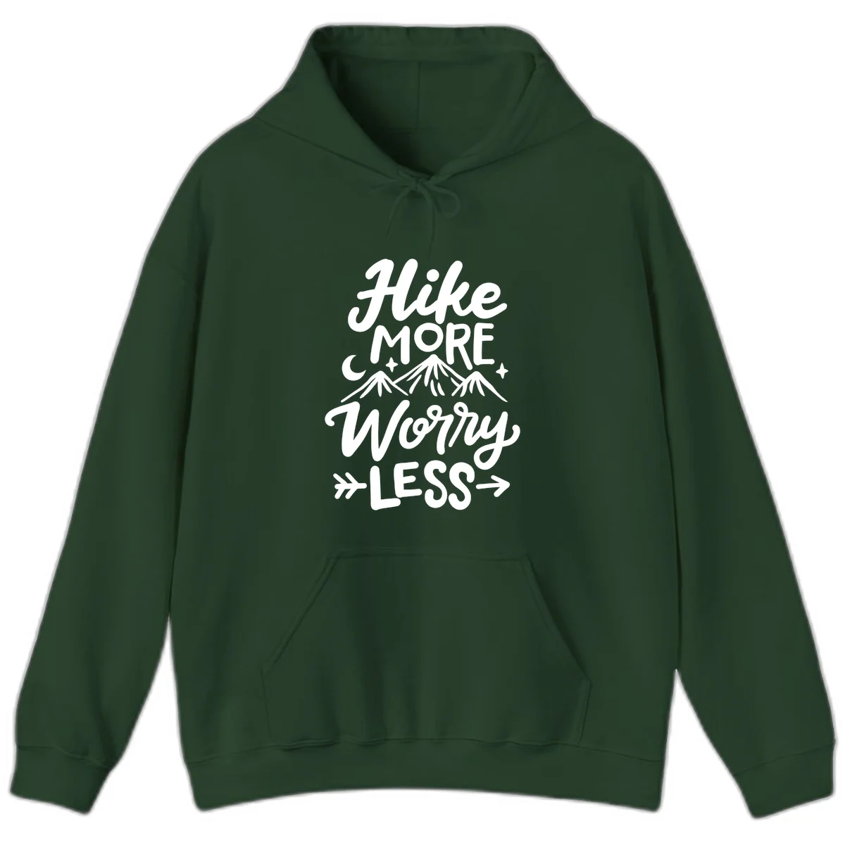 White lettered design reading 'Hike More Worry Less' with mountain peaks, moon, and stars on gray background in Forest Green