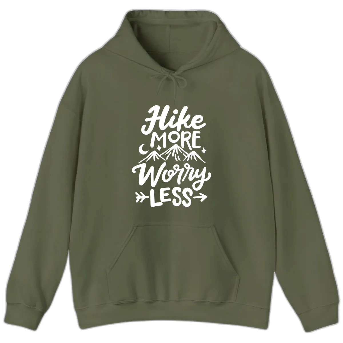 White lettered design reading 'Hike More Worry Less' with mountain peaks, moon, and stars on gray background in Military Green