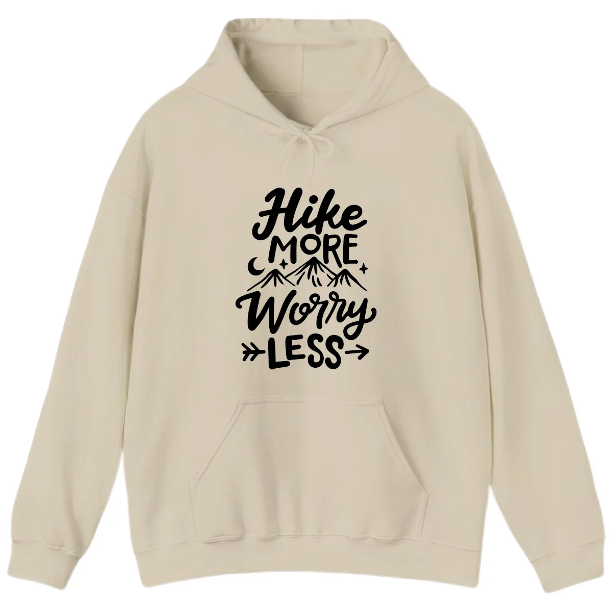 White lettered design reading 'Hike More Worry Less' with mountain peaks, moon, and stars on gray background in Sand