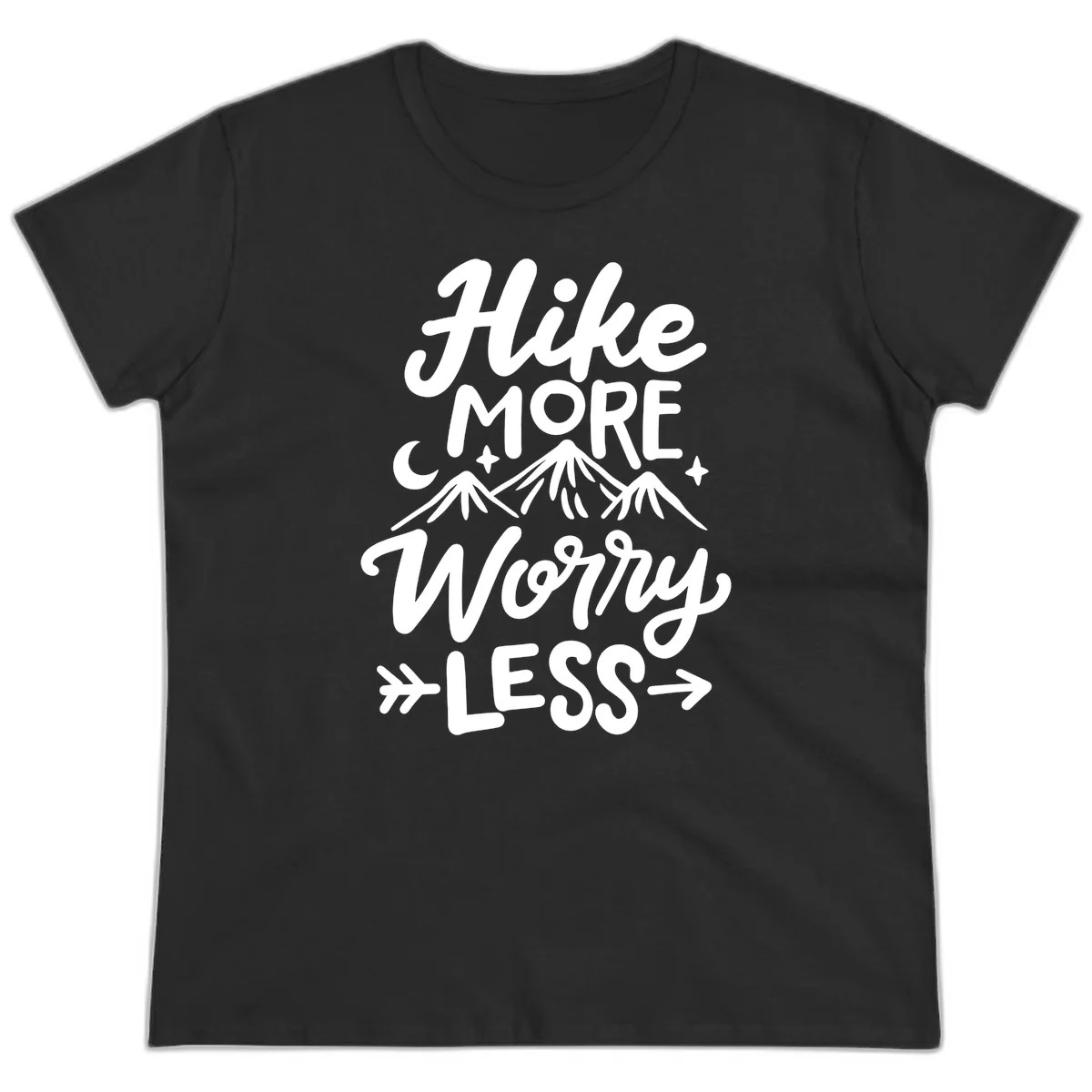White lettered design reading 'Hike More Worry Less' with mountain peaks, moon, and stars on gray background in Black