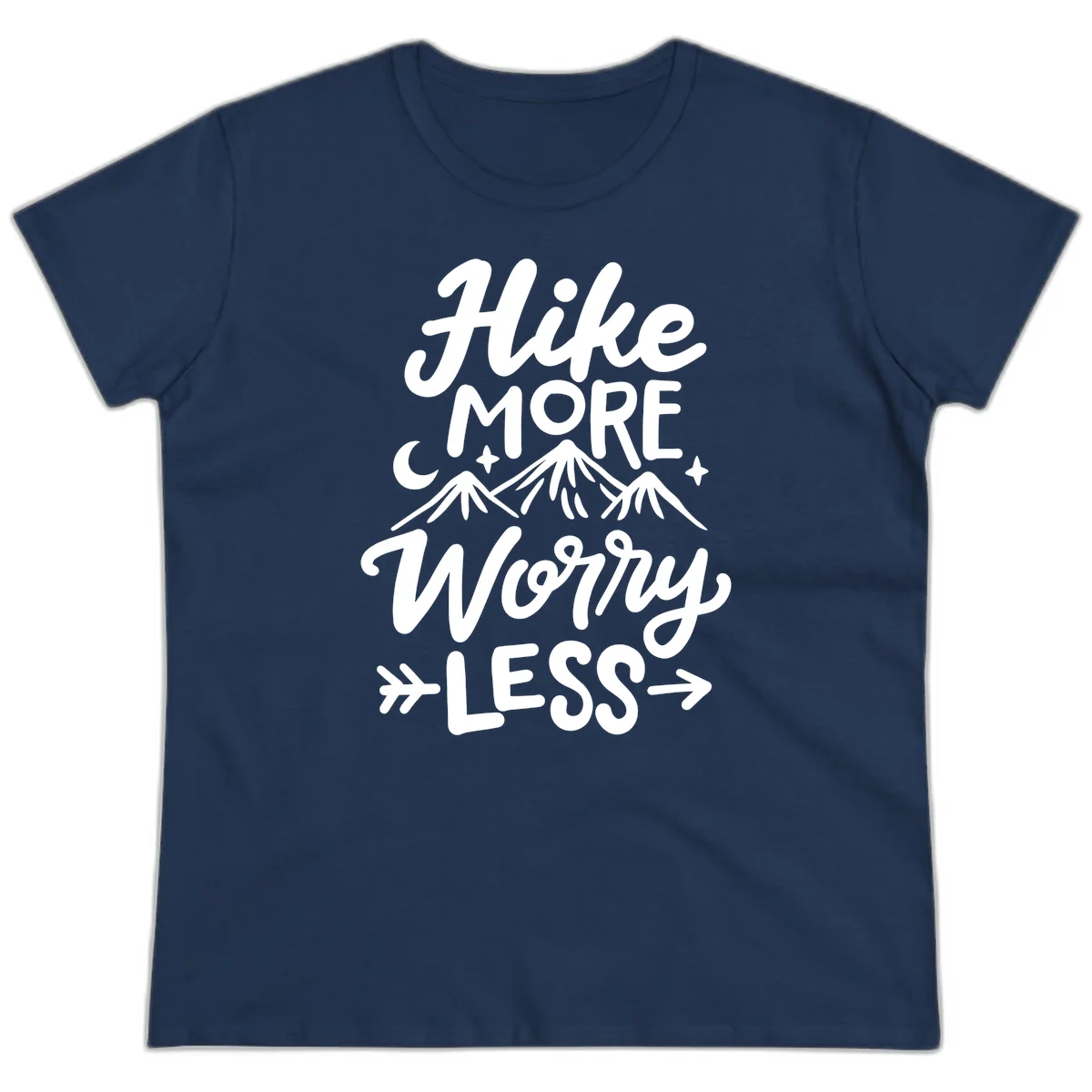 White lettered design reading 'Hike More Worry Less' with mountain peaks, moon, and stars on gray background in Navy
