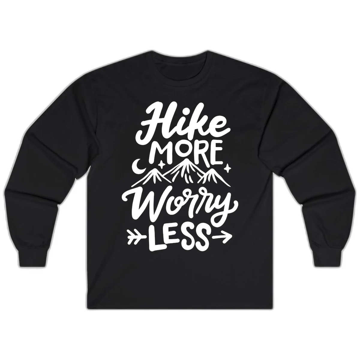 White lettered design reading 'Hike More Worry Less' with mountain peaks, moon, and stars on gray background in Black