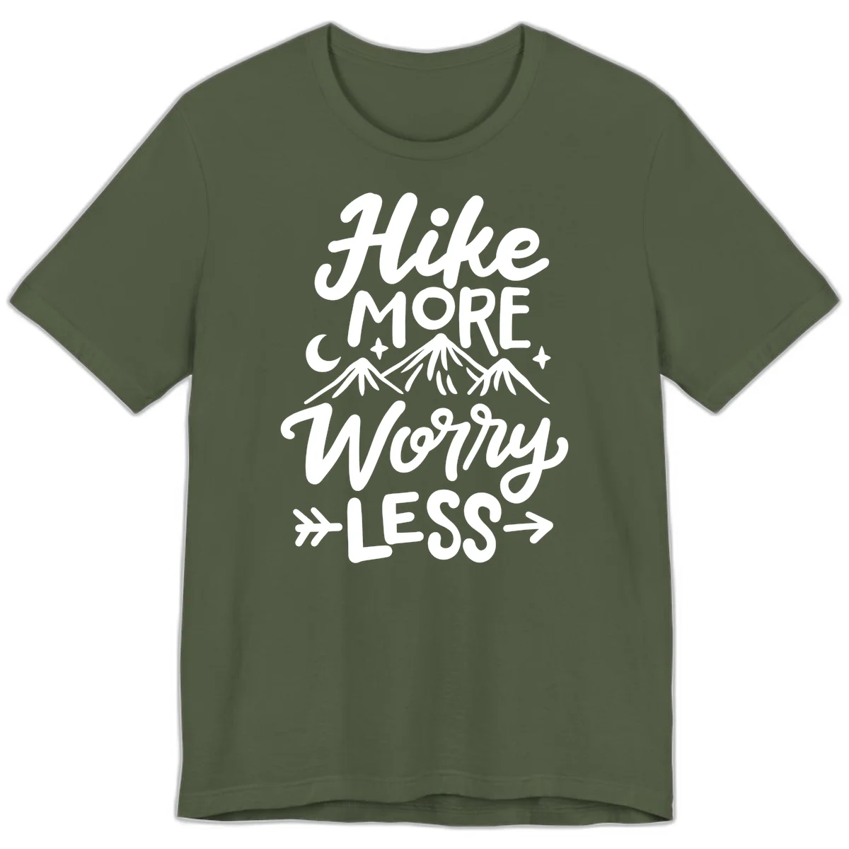 White lettered design reading 'Hike More Worry Less' with mountain peaks, moon, and stars on gray background in Military Green