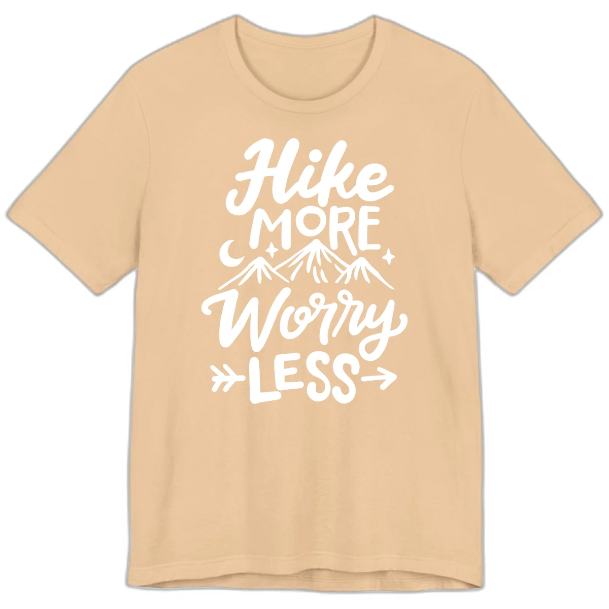 White lettered design reading 'Hike More Worry Less' with mountain peaks, moon, and stars on gray background in Sand Dune