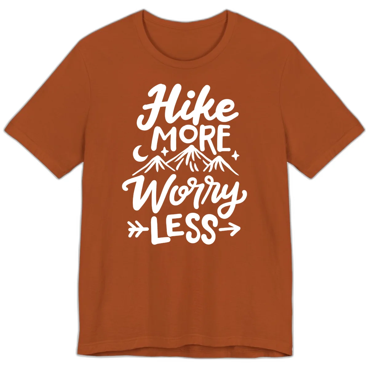 White lettered design reading 'Hike More Worry Less' with mountain peaks, moon, and stars on gray background in Autumn