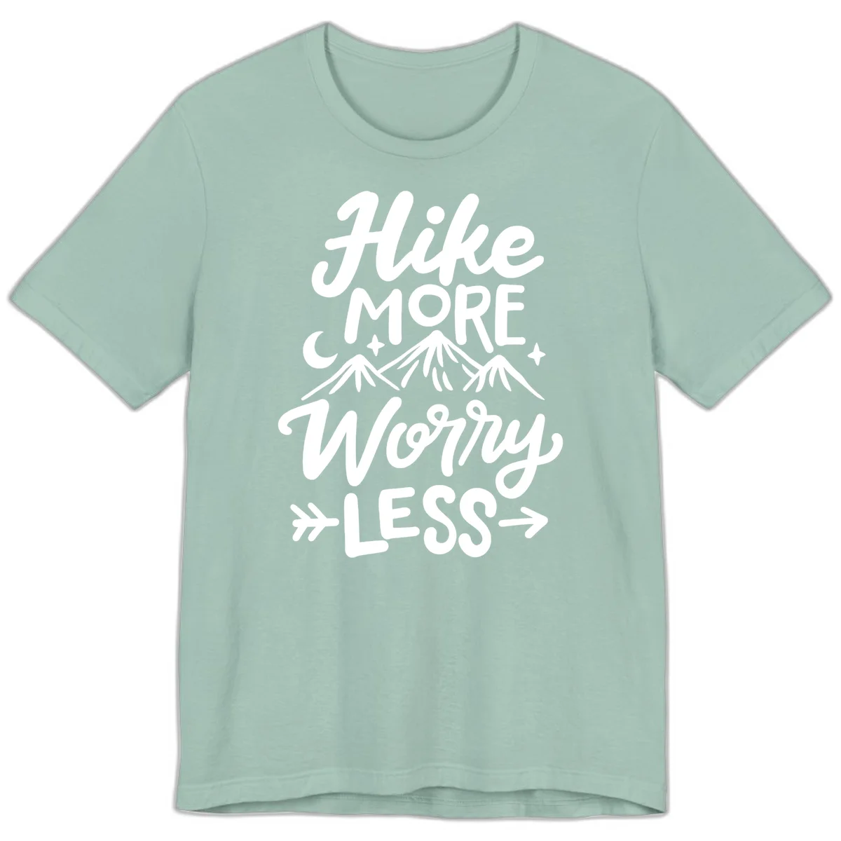 White lettered design reading 'Hike More Worry Less' with mountain peaks, moon, and stars on gray background in Dusty Blue