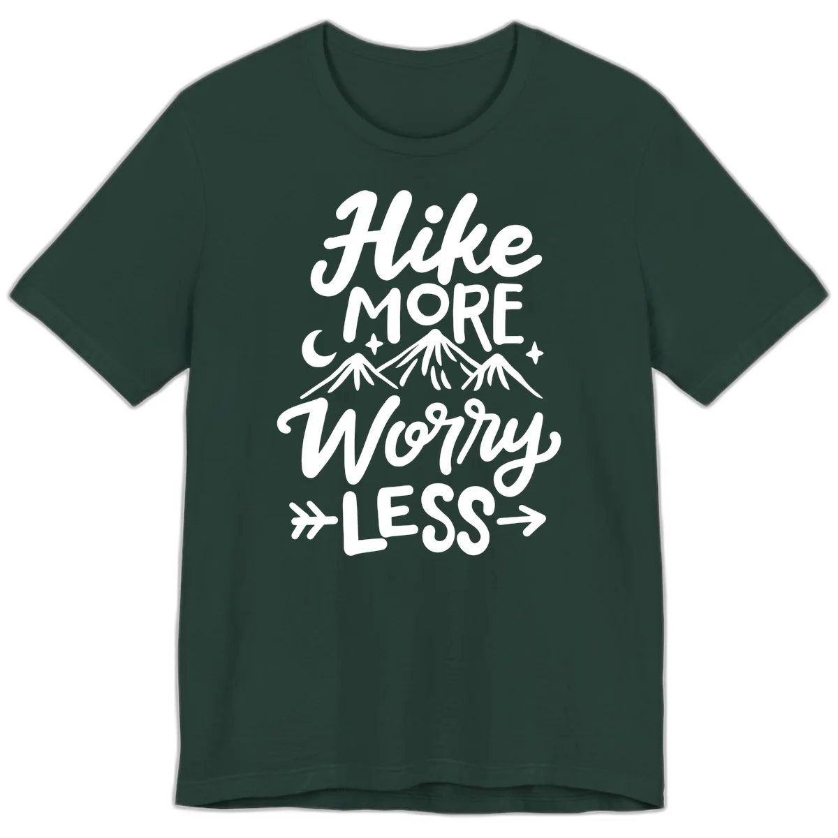 White lettered design reading 'Hike More Worry Less' with mountain peaks, moon, and stars on gray background in Forest