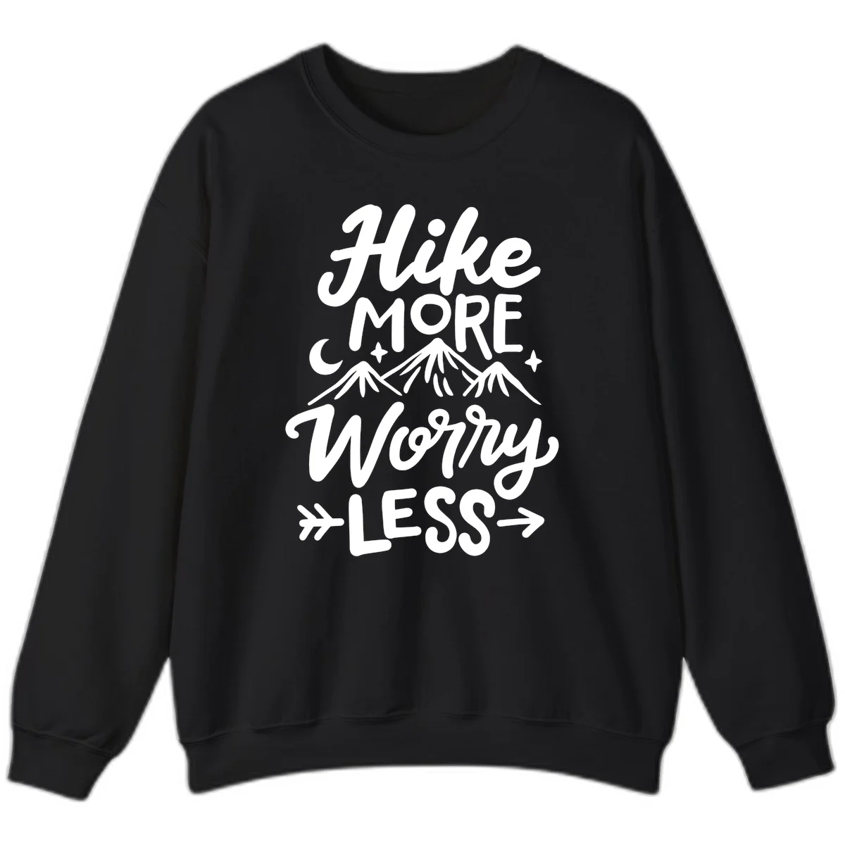 White lettered design reading 'Hike More Worry Less' with mountain peaks, moon, and stars on gray background in Black