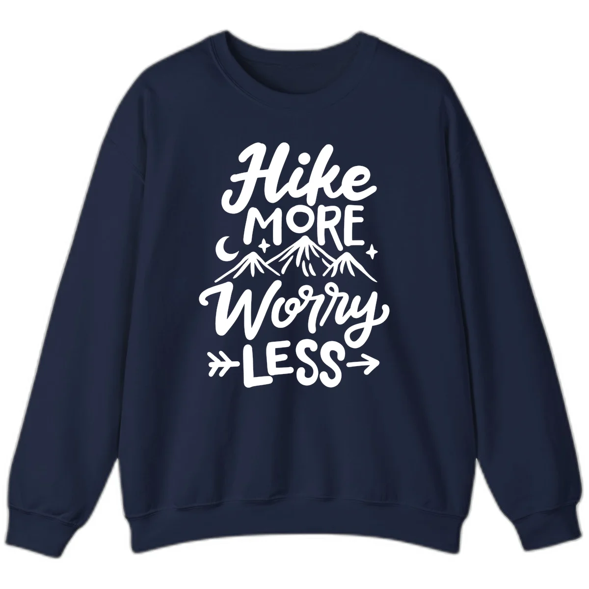 White lettered design reading 'Hike More Worry Less' with mountain peaks, moon, and stars on gray background in Navy