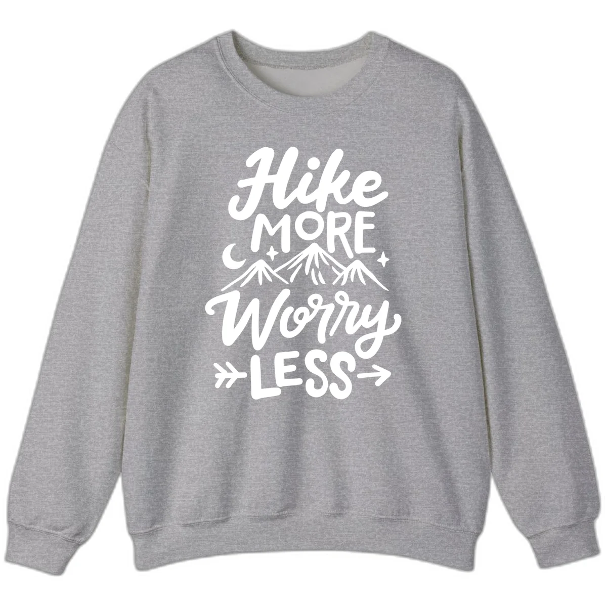 White lettered design reading 'Hike More Worry Less' with mountain peaks, moon, and stars on gray background in Sport Grey