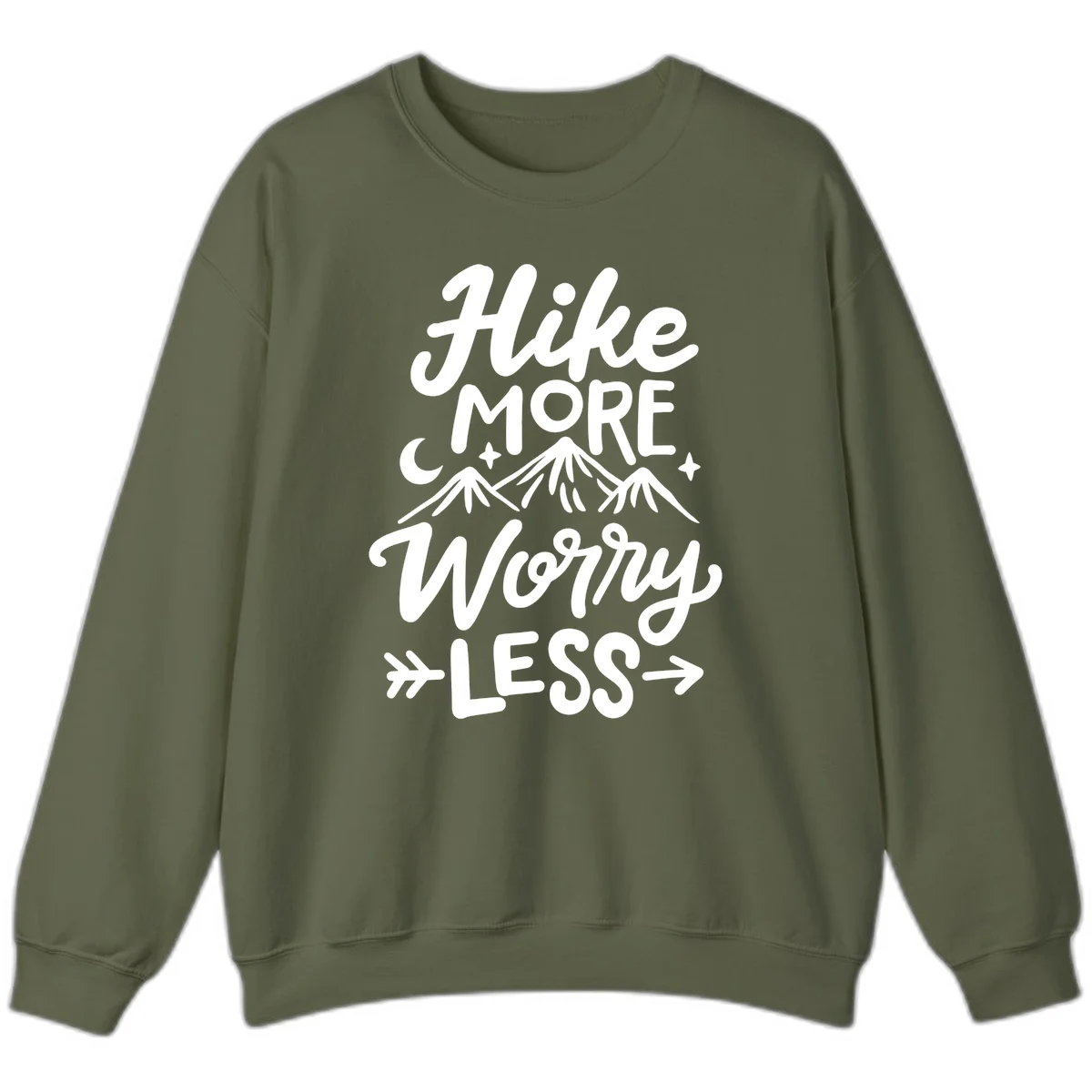 White lettered design reading 'Hike More Worry Less' with mountain peaks, moon, and stars on gray background in Military Green