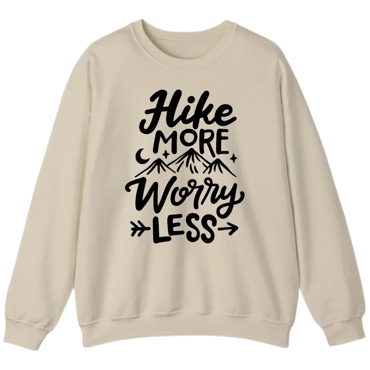 White lettered design reading 'Hike More Worry Less' with mountain peaks, moon, and stars on gray background in Sand