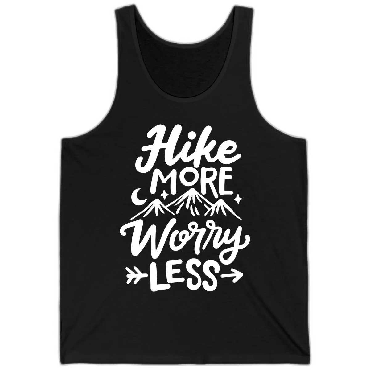 White lettered design reading 'Hike More Worry Less' with mountain peaks, moon, and stars on gray background in Black