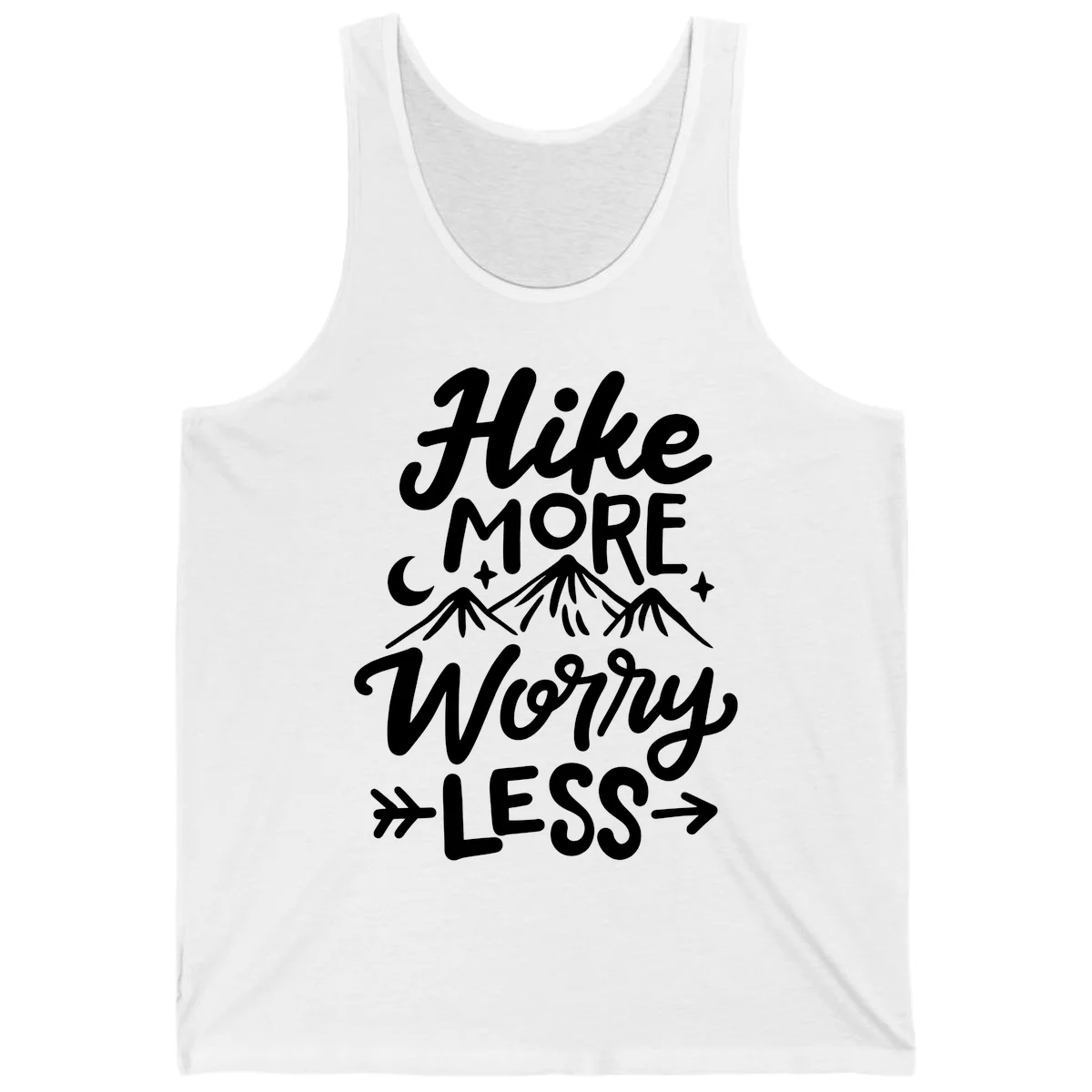 White lettered design reading 'Hike More Worry Less' with mountain peaks, moon, and stars on gray background in White
