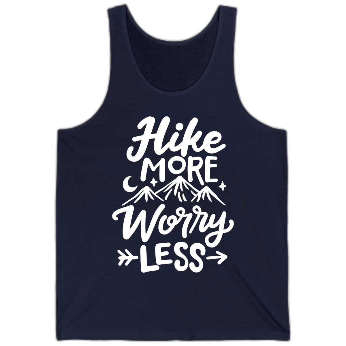 White lettered design reading 'Hike More Worry Less' with mountain peaks, moon, and stars on gray background in Navy