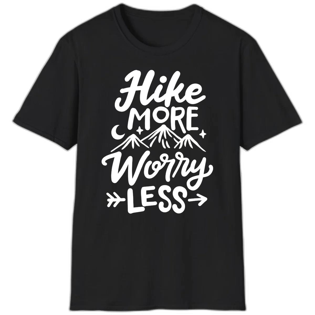 White lettered design reading 'Hike More Worry Less' with mountain peaks, moon, and stars on gray background in Black