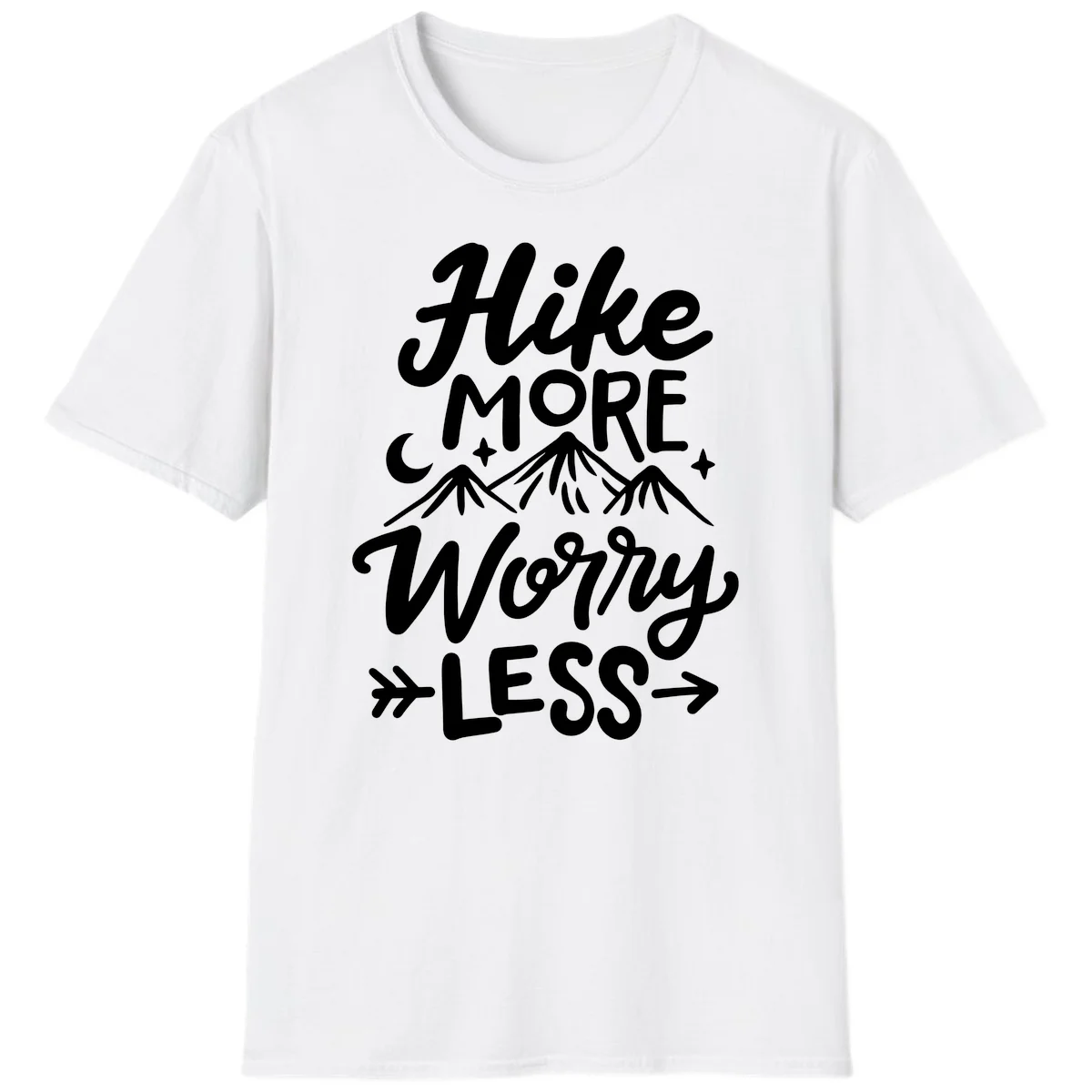 White lettered design reading 'Hike More Worry Less' with mountain peaks, moon, and stars on gray background in White