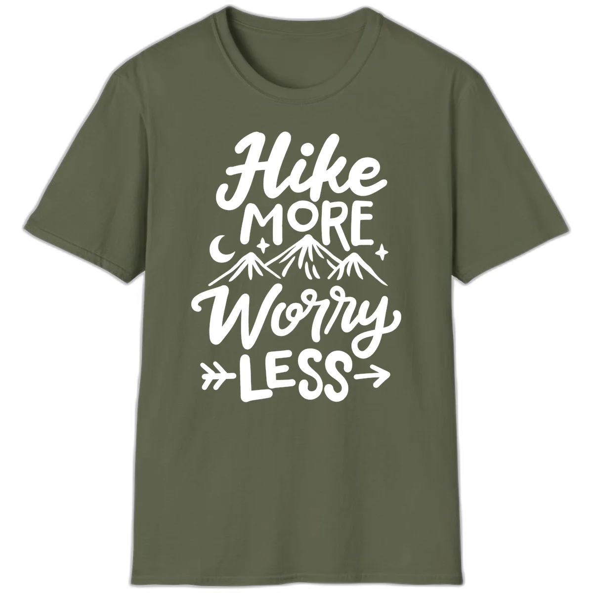White lettered design reading 'Hike More Worry Less' with mountain peaks, moon, and stars on gray background in Military Green