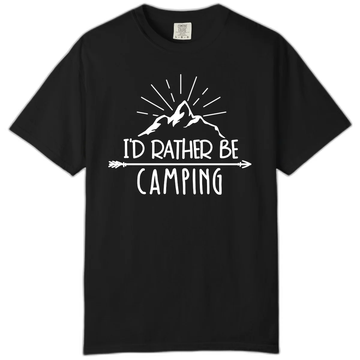 Mountain peaks with lightning bolt and radiating rays, text reads 'I'd Rather Be Camping' on gray background in Black