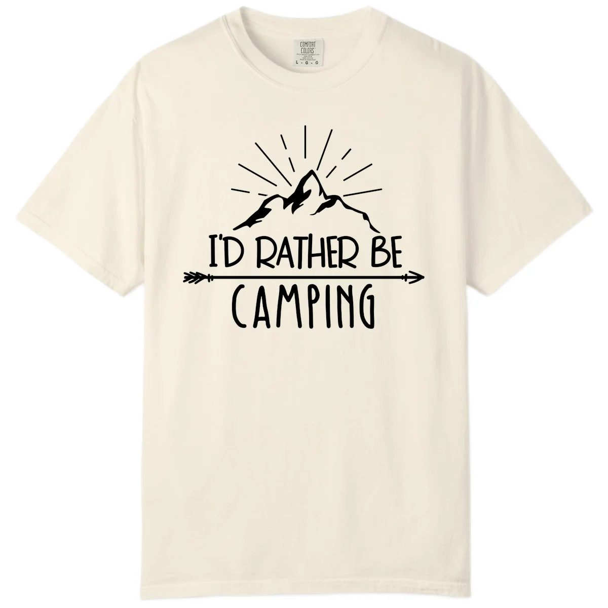 Mountain peaks with lightning bolt and radiating rays, text reads 'I'd Rather Be Camping' on gray background in Ivory